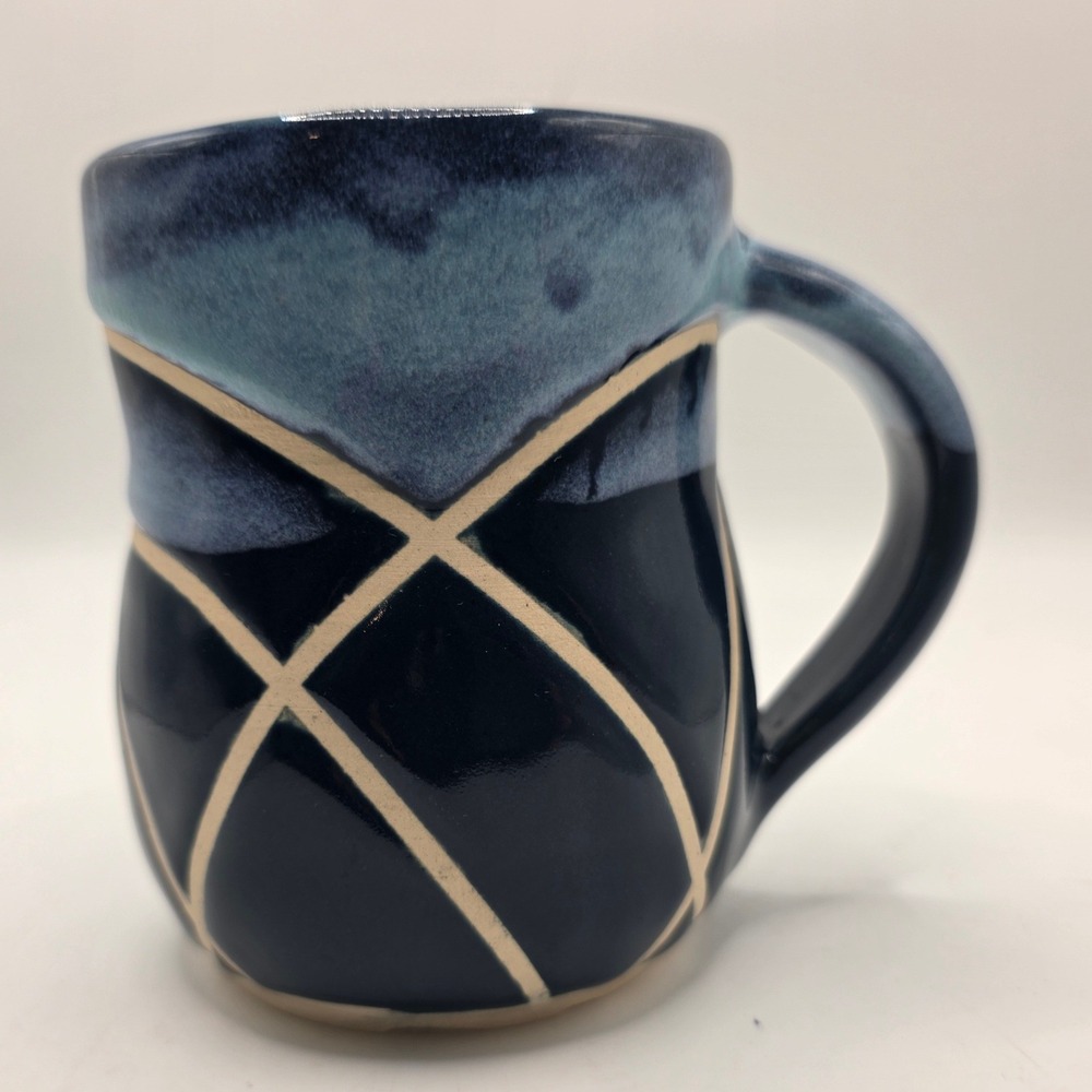 Debbie Studio Pottery Mug Navy Blue Slate Geometric Sgraffito Handcrafted 4.25"
